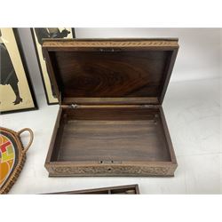 Two Scott-Ford framed silhouettes, featuring the standing profile study of a man dated 1929 and a pair of women dated 1929 and 1930, together with a box containing wooden chess pieces and a serving tray 