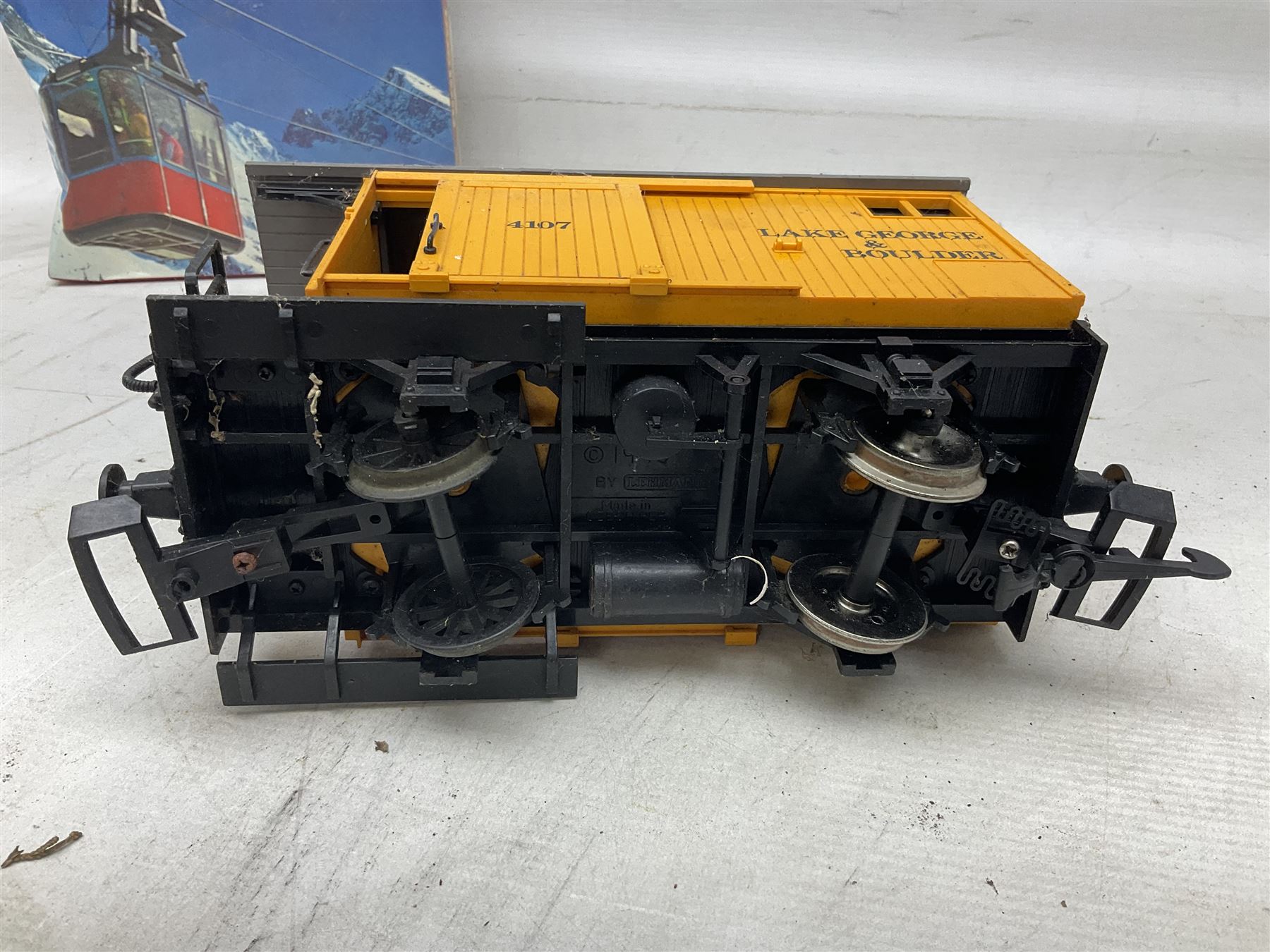 Three LGB (Lehmann Gross Bahn) G scale, gauge 1, rolling stock wagons, comprising two Lake George and Boulder wagons and an Auto Express wagon, together with a LGB passenger coach, other LGB rolling stock and a Lehmann Rigi900 ski lift