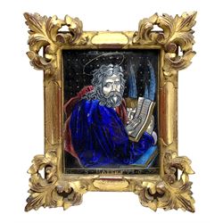 Late 19th/early 20th century Italian enamelled copper icon, depicting a Saint, possibly Saint Peter, within a gilt Venetian frame, plaque H13.5cm L10.5cm, overall H21cm L18cm