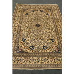  Fine Persian Nain ivory/cream ground rug, blue interlacing floral and foliage design with central rosette medallions, repeating border with flower head motifs, 326cm x 245cm  