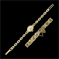 9ct gold ladies Rotary wristwatch, on 9ct gold textured chain link strap, together with a 9ct gold four bar gate bracelet with heart padlock clasp, hallmarked