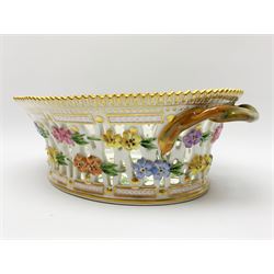 Royal Copenhagen Flora Danica basket, with naturalistically modelled vine handles and reticulated sides detailed with polychrome forget-me-nots, the interior decorated with a botanical study of 'Anagallis arvensis', sprigs and a gilt border, with printed and painted marks beneath, H8cm L26cm 

