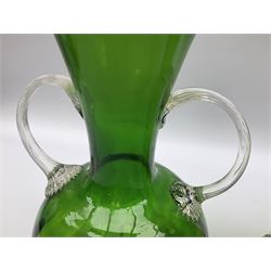 Murano green glass twin handled vase, and Victorian green glass vase with trailed decoration 