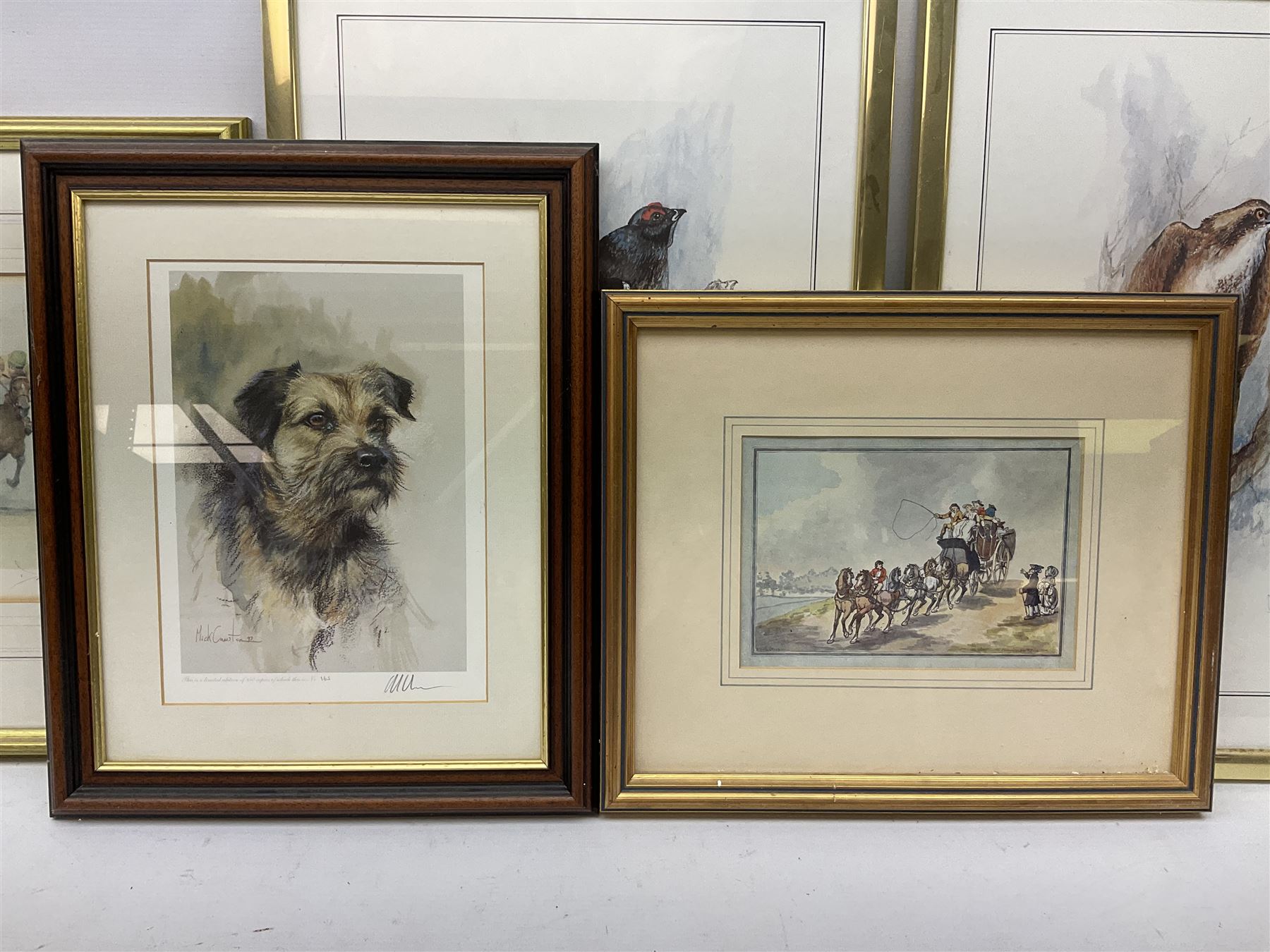 After Ben Maile (British 1922-2017): 'Blackcock' and 'Osprey', pair colour prints signed in pencil together with a print of a Terrier after Mick Causton and three horse related prints max 40cm x 28cm (6)