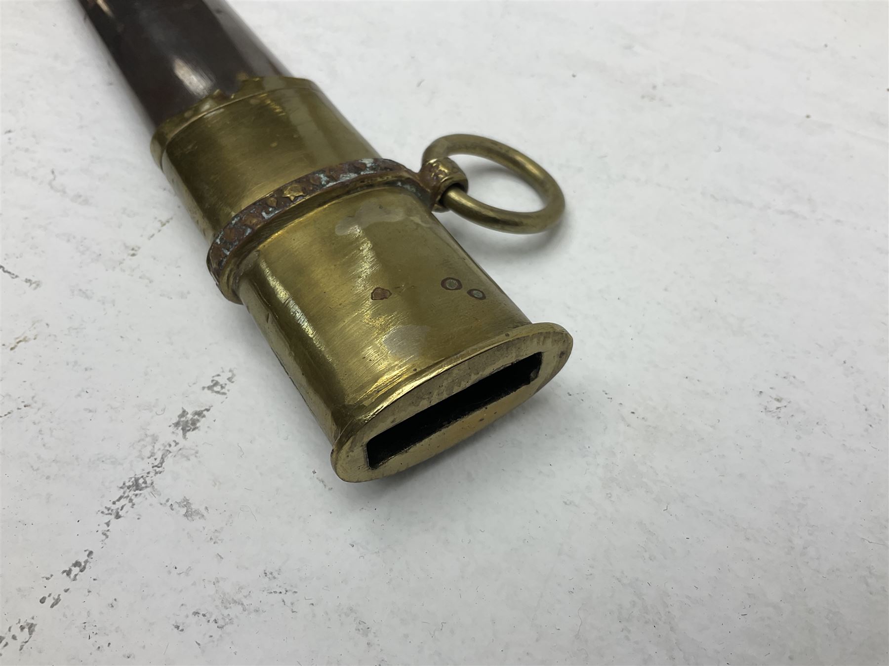 Reproduction American Civil War Cavalry trooper's sword, the 88cm slightly curving fullered steel blade marked to the ricasso 'Ames & Co Chicopee Mass.' and 'US ADK 1862'; brass hilt and leather covered grip; in steel scabbard L110cm overall;  and another reproduction sword (2)