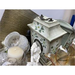 Quantity of glassware and ceramics to include Royal Doulton 'Sisters' matte black figure, vases, clock, and a quantity of Penguin books etc in two boxes