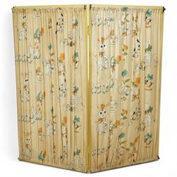 *Mid 20th century nursery set, comprising a cream painted metal cot with adjustable base, a wicker baby basket on wheeled stand, and a folding nursery screen with printed fabric panels decorated with playful animal and teddy bear motifs

Cot (H 112cm, W 136cm, D 77cm)
Screen (H 139cm, W 148cm) 
Basket (H 72cm, W 59cm, D 40cm)From the Kirkham Hall Attic & Cellar Collection, sold without reserve