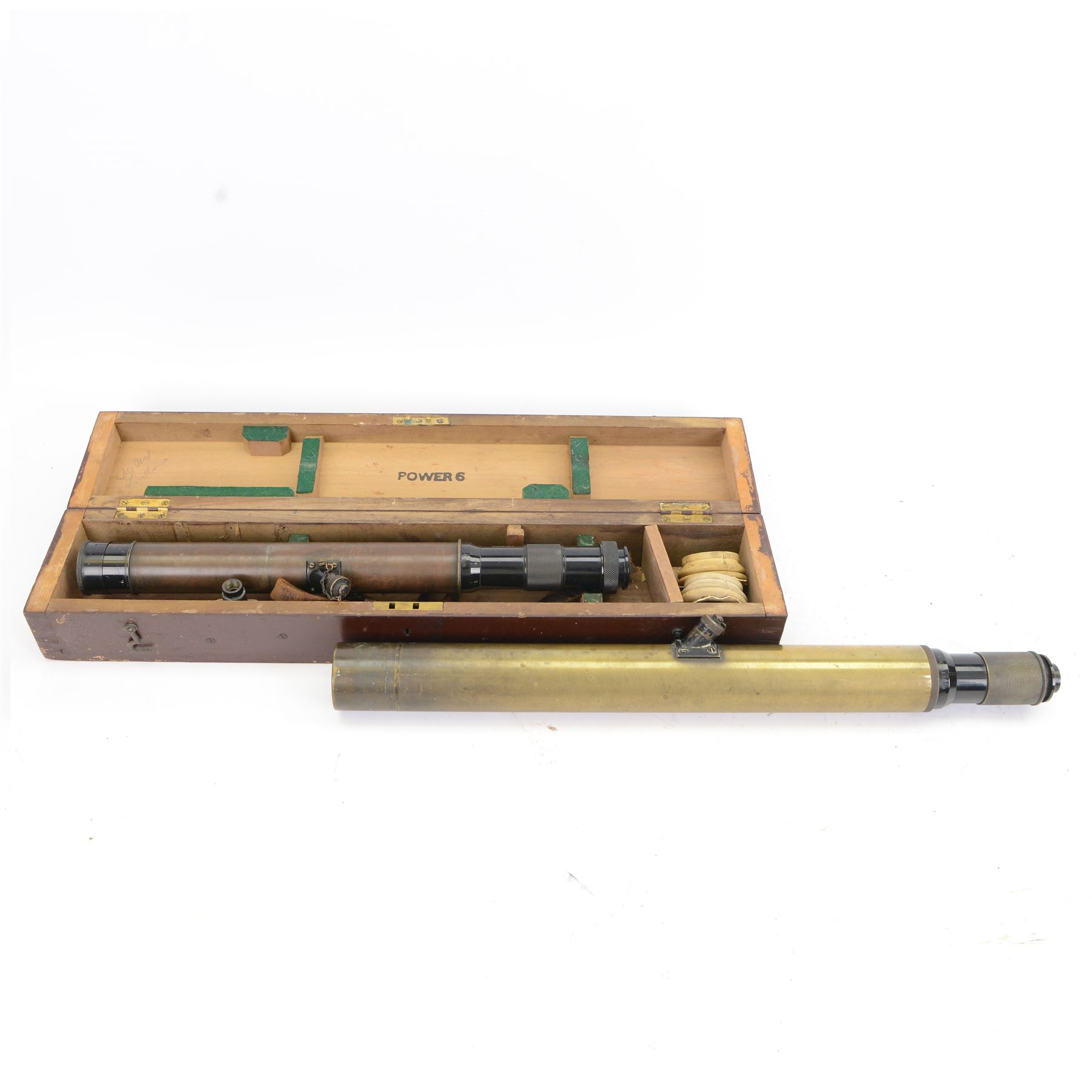  Ottway & Co military sighting scope in a case inscribed 'W.Ottway & Co Ltd 1916 Power 6', together with another Ottoway sighting scope 