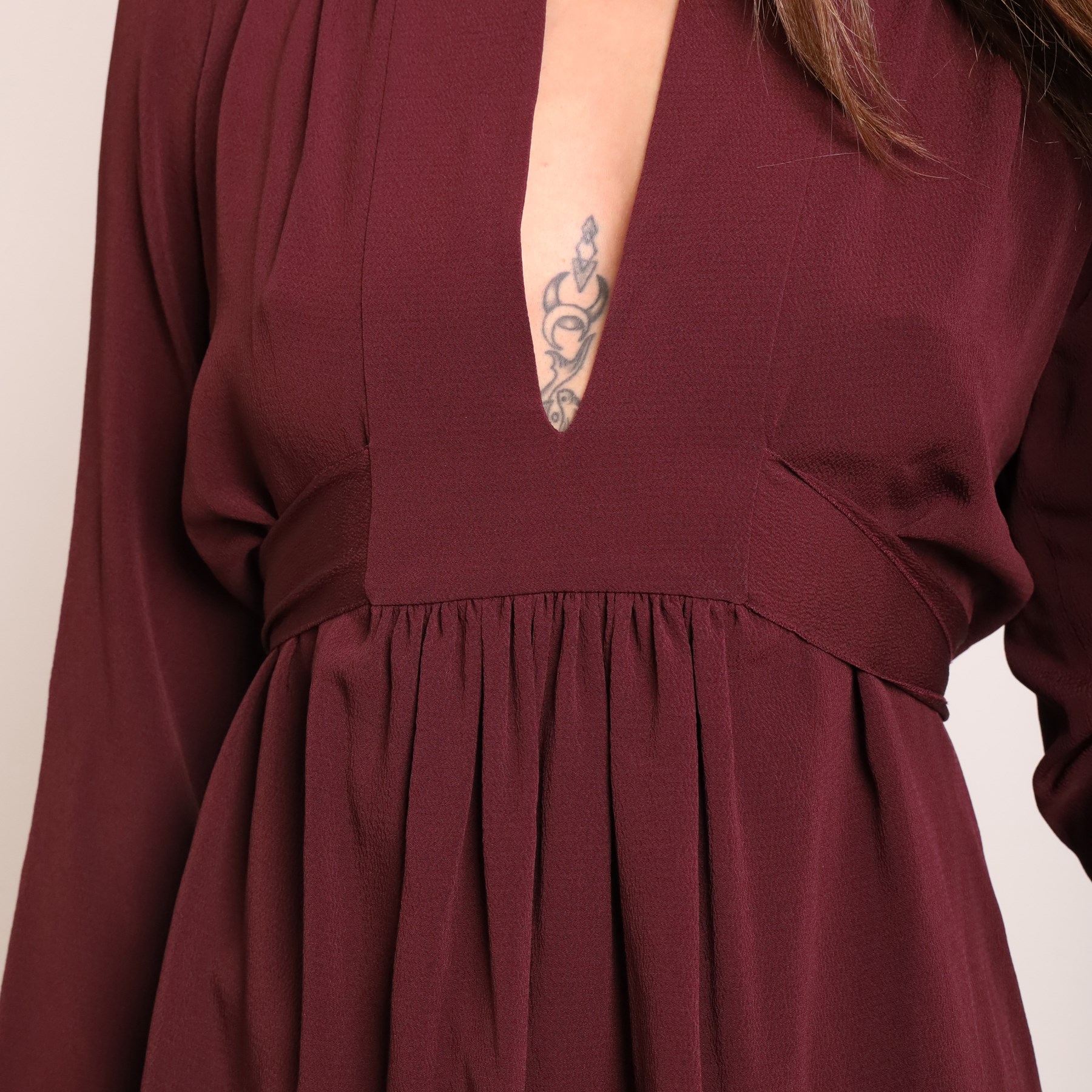 Prada - burgundy silk-blend blouse, with wide rounded collar, deep V-neck, long sleeves, gathered shoulders and waist, and self-tie belt, made in Italy, size IT 42