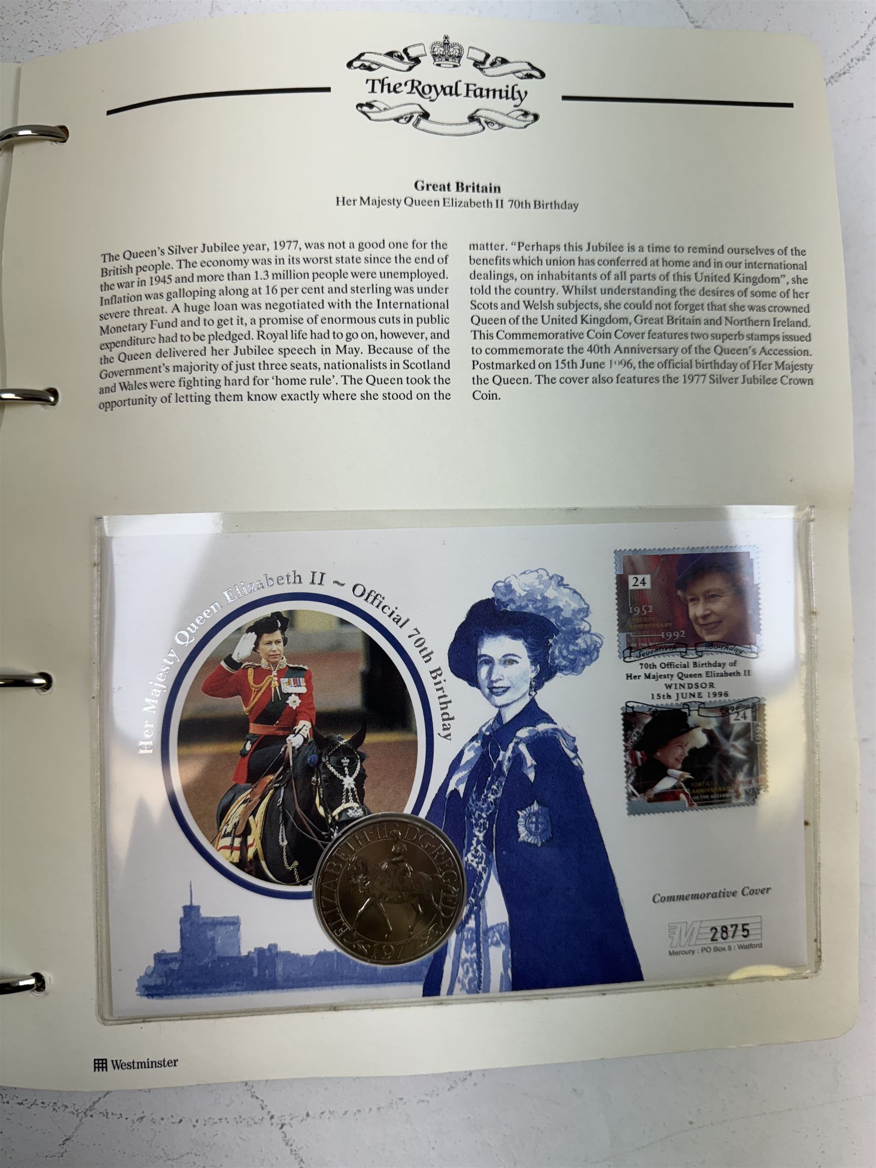 Commemorative coin and stamps covers, including Australia 'Queen's Birthday 1996' containing one dollar coin, Canada 'Her Majesty Queen Elizabeth II 70th Birthday' containing five dollars coin, various commemorative crown coin stamp covers etc, housed in 'The Royal Family' ring binder folder