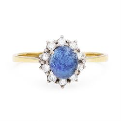 18ct gold sapphire and diamond cluster ring, oval cut sapphire of approx 1.50 carat, surro...