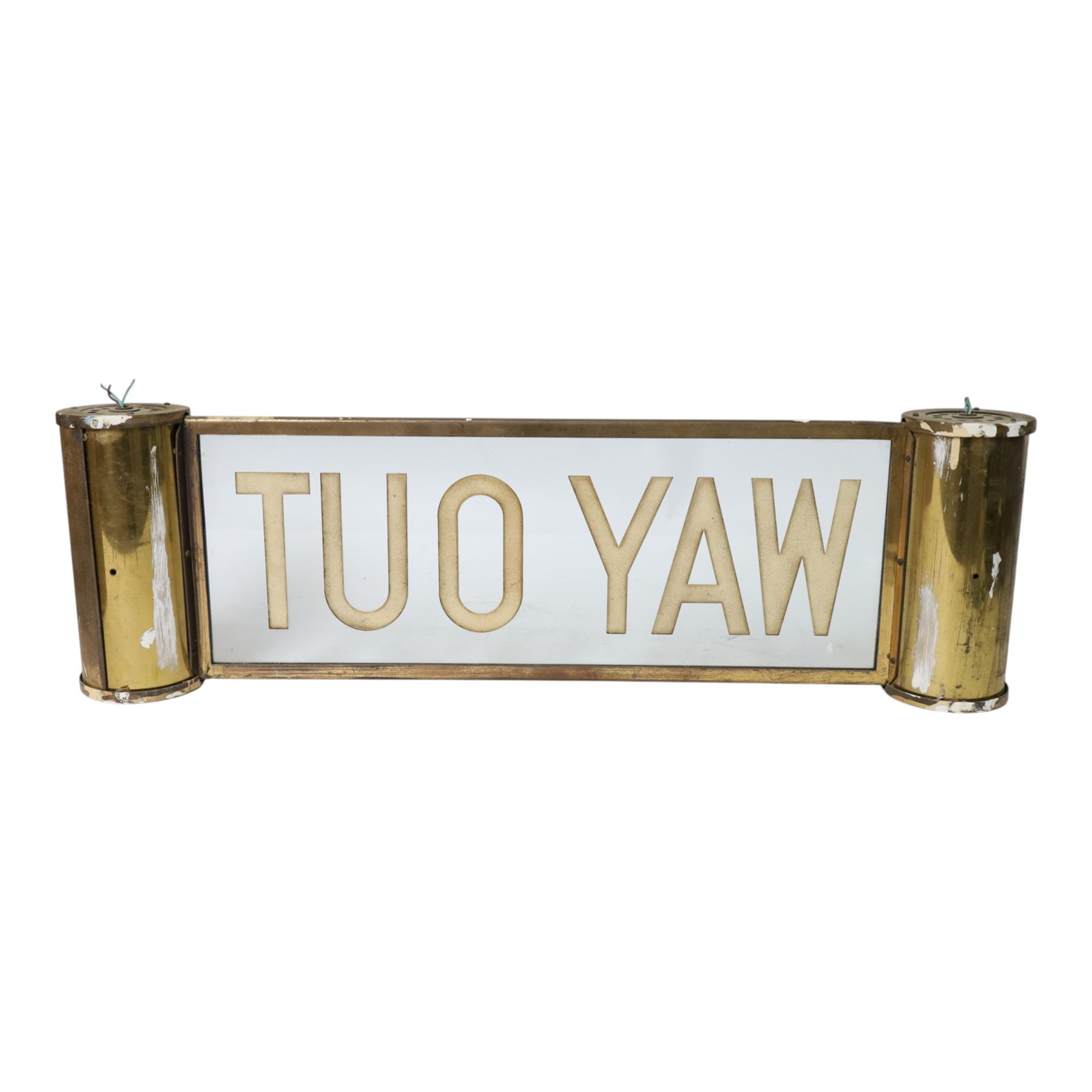 Way Out sign, from cinema or theatre, the central glass panel market Way Out, with brass border and two cylindrical brass mounts for lights to each end, H25cm, L81cm 