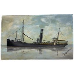 F James (British Early 20th century): Grimsby Steam Trawler 'Ansun' at Sea, oil on card signed and dated 1913, 32cm x 51cm (unframed)