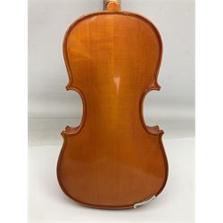 Three Stentor Student violins - three-quarter size with 33cm two-piece back; and two quarter size each with 28cm two-piece back; each in carrying case with bow (3)