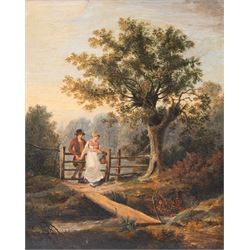 John James Chalon (British 1778-1854): Wooded Landscape with Lovers at a Gate, oil on panel 47.5cm x 37.5cm
Provenance: Sale, Christie's, British and Continental pictures, March 14th 1980, Lot 146

