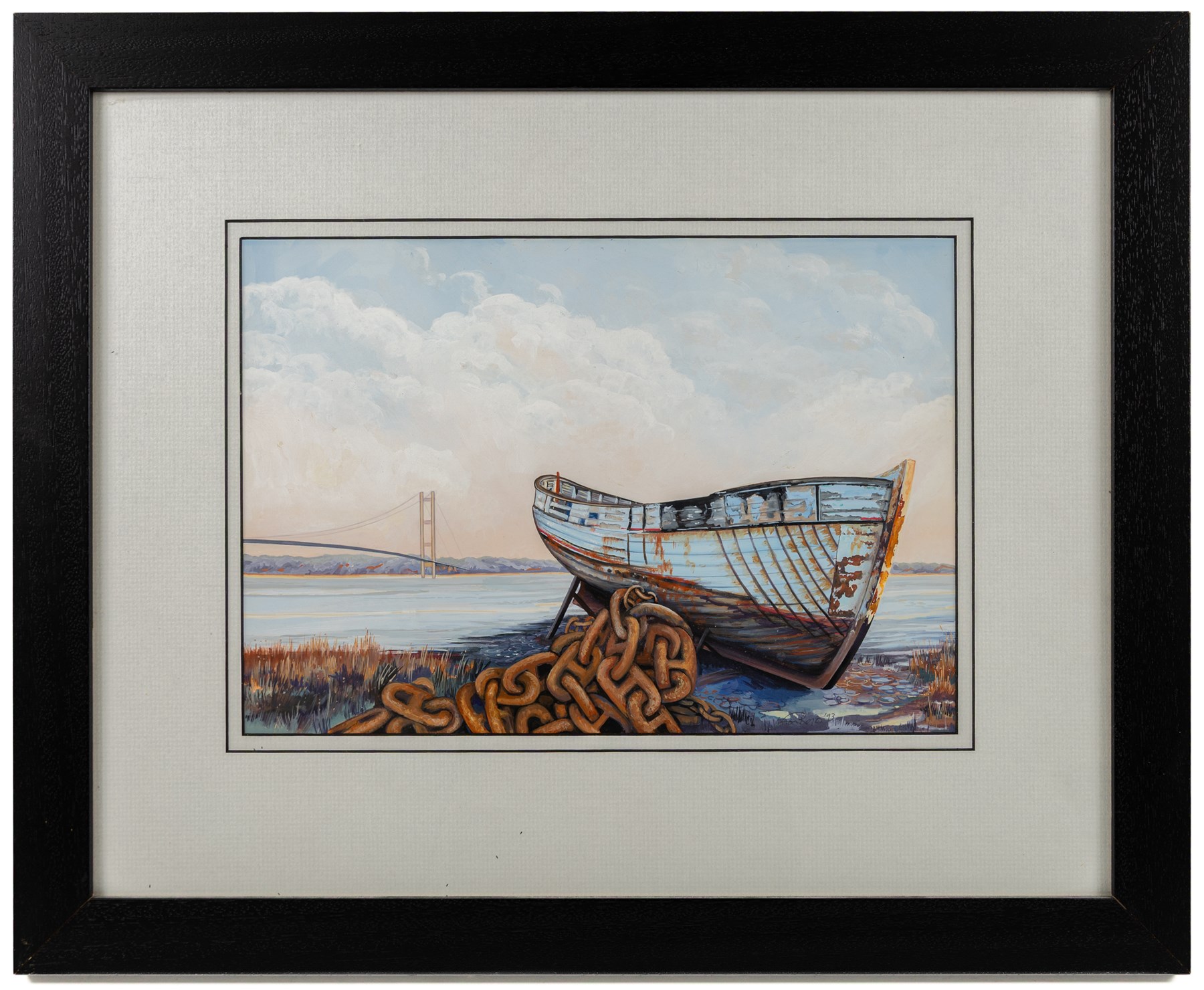 E Mace (British 20th century): Skipton Town Square, oil on board signed and dated 1974, 39.5cm x 49.5cm; Vivien R* (British 20th century): The Humber Estuary, gouache indistinctly signed and dated '93, 24cm x 34.5cm (2)