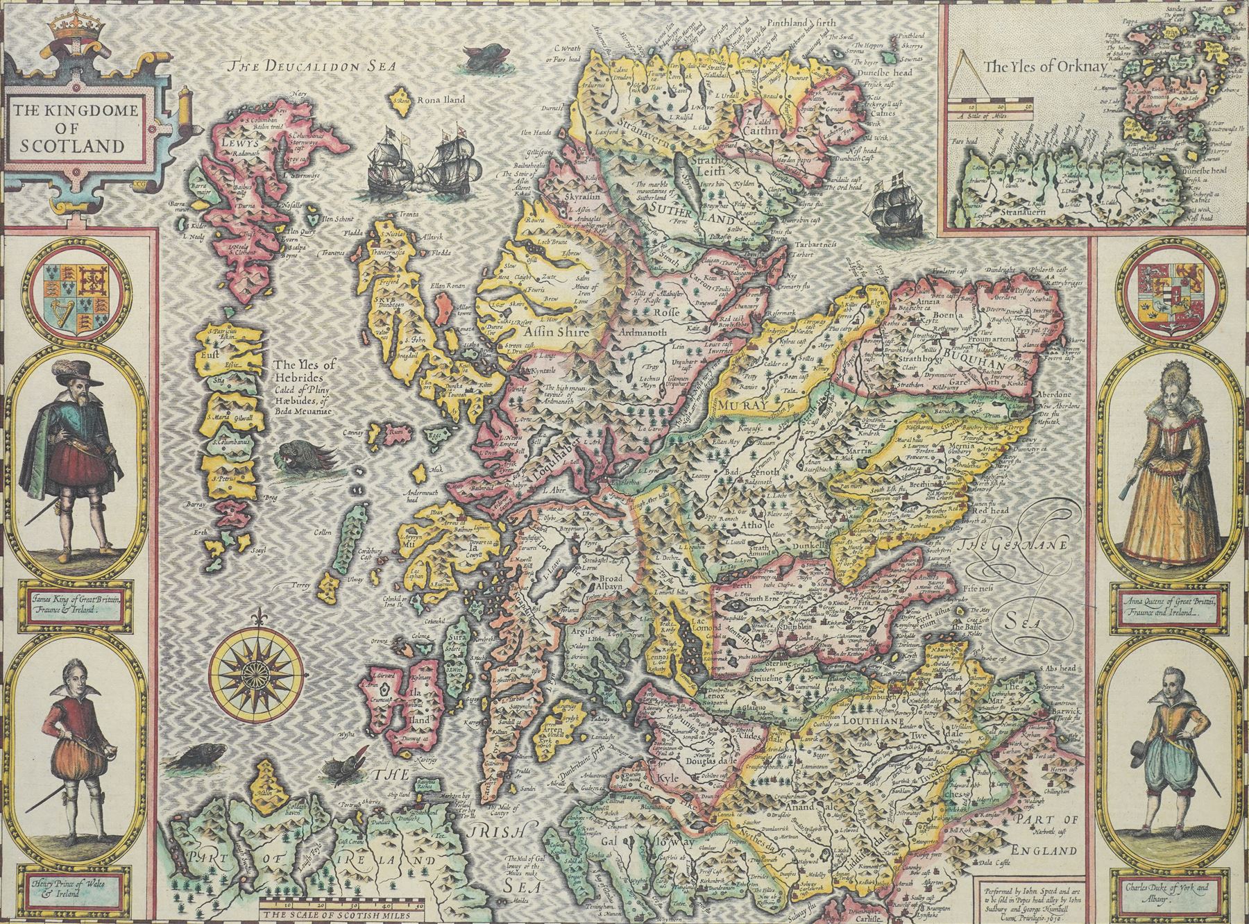 John Speed (British 1552-1629): 'The Kingdome of Scotland', 17th century engraved map with hand-colouring with inset plans of the Isles of Orkney and 'carte-a-figure' margins including Queen Anne and King James, pub. by John Sudbury & George Humble c.1611, 38.5cm x 51cm