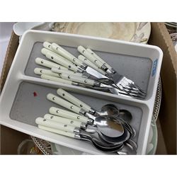 Four large meat platters, Royal Worcester Bunnykins mug and a large collection of other ceramics, including vases, dinner plates, teawares, etc, in five boxes 