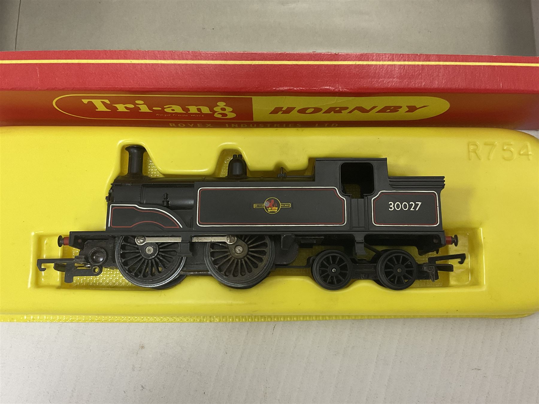 Hornby/Tri-Ang ‘00’ gauge - nine locomotives to include Britannia Class ‘Britannia’ 4-6-2 no.70000 in BR green; Class M7 4-4-0 Tank no.30027 in BR black; Princess Class ‘Princess Victoria’ 4-6-2 no.46205 in BR black; in original boxes; further loose models Princess Class ‘Princess Elizabeth’ 4-6-2 no.46201 in BR green; Class 3F 0-6-0 tank no.7606 in LMS crimson; TR double ended diesel locomotive; three further tank locomotives and one loose tender (10) 