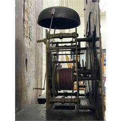 Gilbert Kidd of Malton (North Yorkshire) - late 18th century oak 8-day longcase clock c1780,  with a tall double caddy top and later brass ball and spire finials, break arch hood door beneath with attached pilasters and wooden capitals,  plain trunk with a long flat topped door, raised on a square plinth with applied skirting,  brass break arch dial with the makers name to the silvered boss in the break arch, engraved and silvered dial centre and chapter ring, with cast spandrels and matching steel hands, subsidiary seconds dial and square calendar aperture, dial pinned directly to a rack striking movement with a recoil anchor escapement, sounding the hours on a cast bell. With pendulum and weights.
The Kidd family were a prolific family of provincial clockmakers working in Malton from the mid 18th century until the early 19th century. Many of their clocks are simply signed 