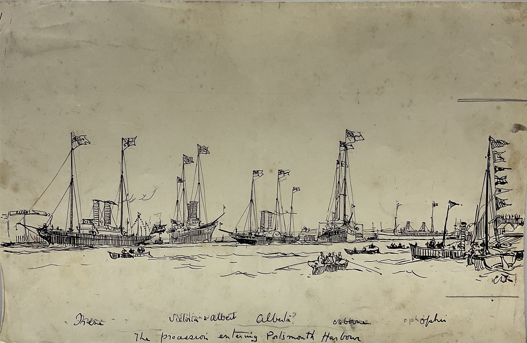 Charles Edward Dixon (British 1872-1934): Shipping studies, pen and ink on card with 'Reynold's Bristolboard' blindstamp signed and titled 32cm x 39cm; 'The Procession entering Portsmouth Harbour', pen and ink on paper signed with monogram, dated Nov 4/01 verso 20cm x 32cm (unframed) (2)