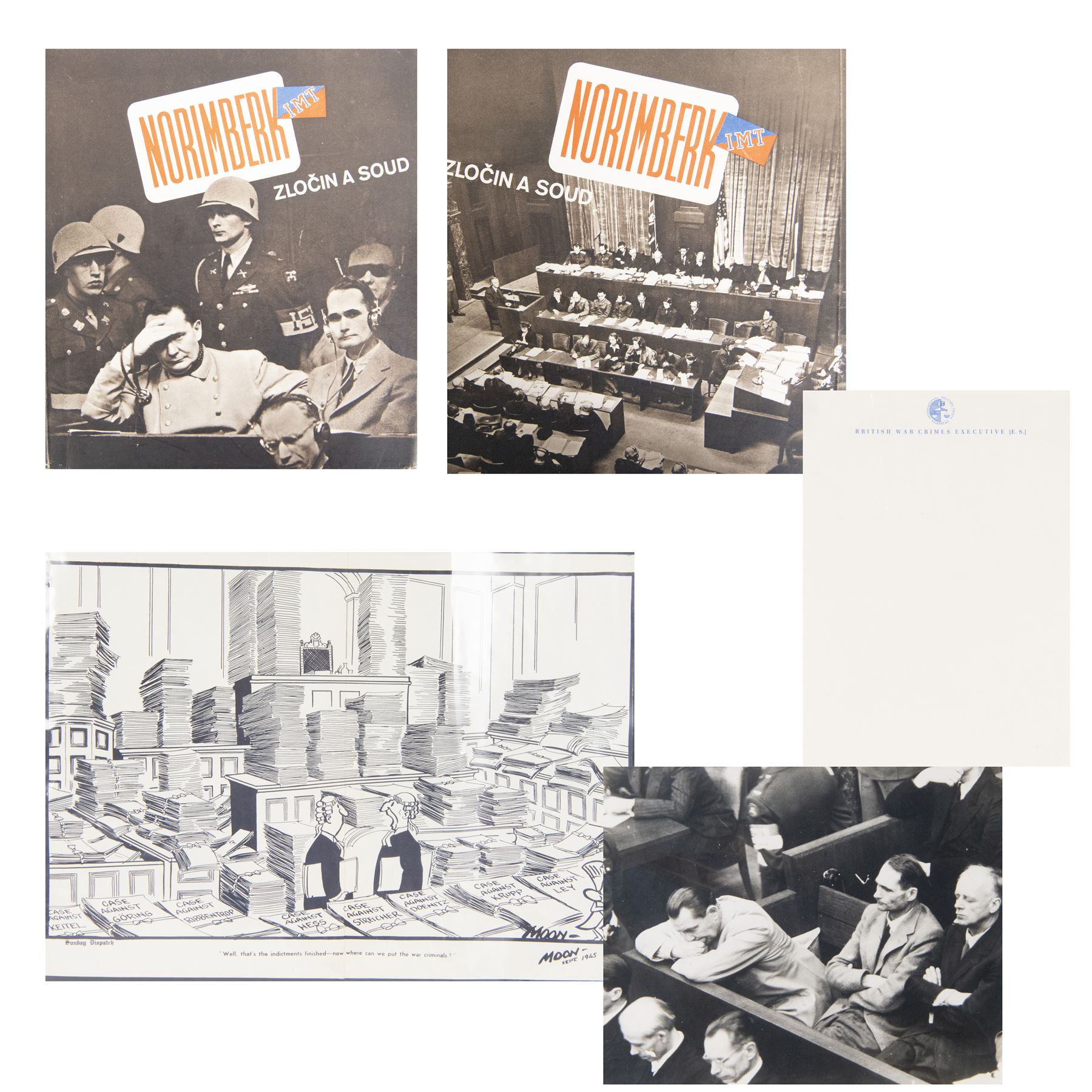 Nuremburg Trails; Booklet: Crime and Court, two letterhead papers for the British War Crimes Executive (E.S.), Press photograph and poster
