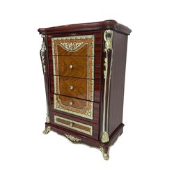 Rococo style wood finish chest, fitted with five drawers, decorated with scrolled foliate and flower heads 