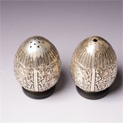 Dutch 90 standard silver salt and pepper pots of ovoid design decorated with windmills etc H6cm