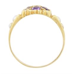 14ct gold amethyst, diamond and pearl ring, single rose cut diamond, surrounded by six round cut amethysts, the shoulders with two split pearls set either side