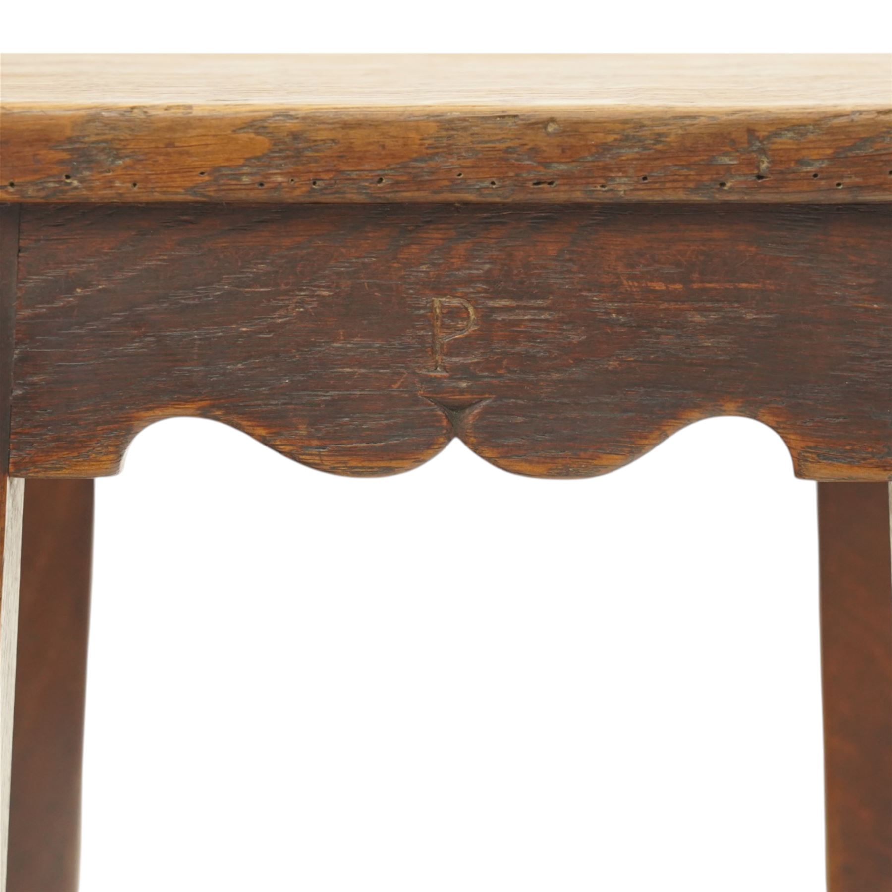 Mouseman - circa 1940/50's oak bar stool, square top with shaped apron carved with initial, raised on four tapering square legs, joined by rails, with carved mouse signature, by Robert Thompson of Kilburn, initialled with provenance from the Old Hall, Thornton-le-Dale, North Yorkshire, further info to follow