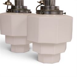 Pair of  mid-century milk glass nonagon ceiling light fittings, together with one other, pair H45cm