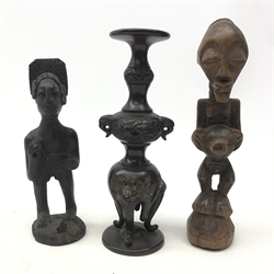  Japanese Meiji bronze tripod censer, knop stem with snake mask handles, cabriole legs on circular base H19cm and two African carved tribal figures (3)  