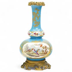 19th century French porcelain vase in the manner of Sevres, the reserves painted with birds within a landscape and floral bouquets, on a turquoise ground with gilt highlights, with ormolu style gilt metal collar and base, H26cm