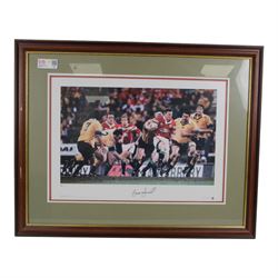 Two limited edition Brian Carney and Martin Johnson signed prints, together with a signed football print and a Ryder Cup print, all framed, frames H65 x W81cm