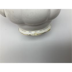 Royal Albert Old Country Roses pattern tea set, comprising teapot, coffee pot, six teacups and six saucers, five side plates, further teacup with joined saucer and side plate, open sucrier, milk jug, cake plate, and preserve pot and cover, together with Royal Albert Jubilee Rose pattern sauce boat and stand, and Royal Albert Lavender Rose pattern cake stand. 