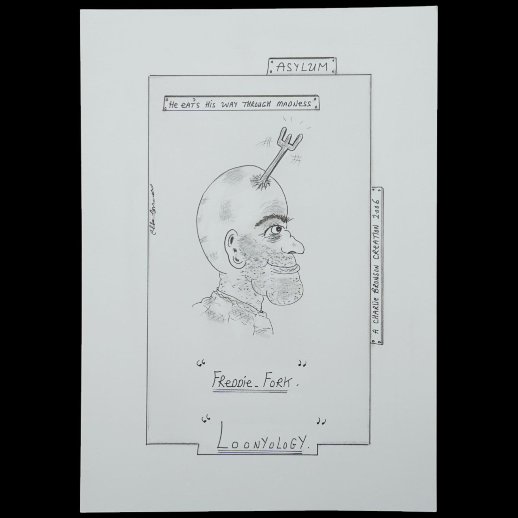 Charles Bronson (Charles Arthur Salvador) (British 1952-): A comprehensive collection of five hundred mixed media works executed between 2000 and 2025. Produced during the artist’s long-term incarceration, the works are primarily in ink, coloured pencil and mixed media on paper. The collection includes multiple formats: A5 (15 works), A4 (308 works), A3 (164 works) and A2 (13 works). Some are signed and dated; a number are executed on the reverse of official prison documents and other repurposed materials, reflecting the limited availability of art materials within the prison environment. This collection represents the largest body of the artist’s work to be offered as a single lot and has not previously been available on the market. (500) (unframed)

Notes: Dated examples span the period from 2000 to 2025, with the greatest concentration produced between 2012 and 2019 and including a group of recent large-scale works from the final years of the period; approximately twenty percent are undated.