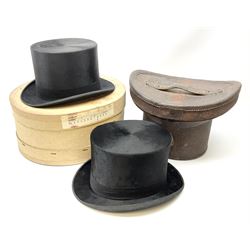 Top hat by Tress & Co London, in a  fitted leather leather case,  Top hat by Chapellerie Francaise. 
