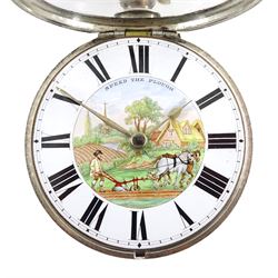 William IV silver pair cased verge fusee pocket watch by J C Heselton, Beverley, No. 1082, pierced and engraved balance cock decorated with a mask, enamel polychrome 'Speed the Plough' dial with Roman numerals, bull's eye glass, case by Benjamin Norton, London 1831