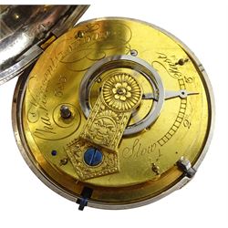 George III silver pair cased verge fusee doctors pocket watch by Charles Vincent, London, No. 393, round pillars, engraved balance cock decorated with a mask, stop/work lever, two intersecting dials with Arabic numerals, case makers mark I C, London 1802