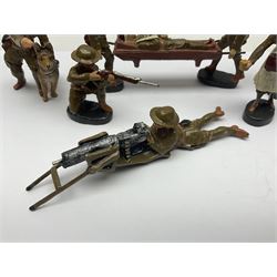 Eight Elastolin British soldiers and wartime figures, including nurse, injured soldier on stretcher, soldier with dog, etc, tallest 11cm
