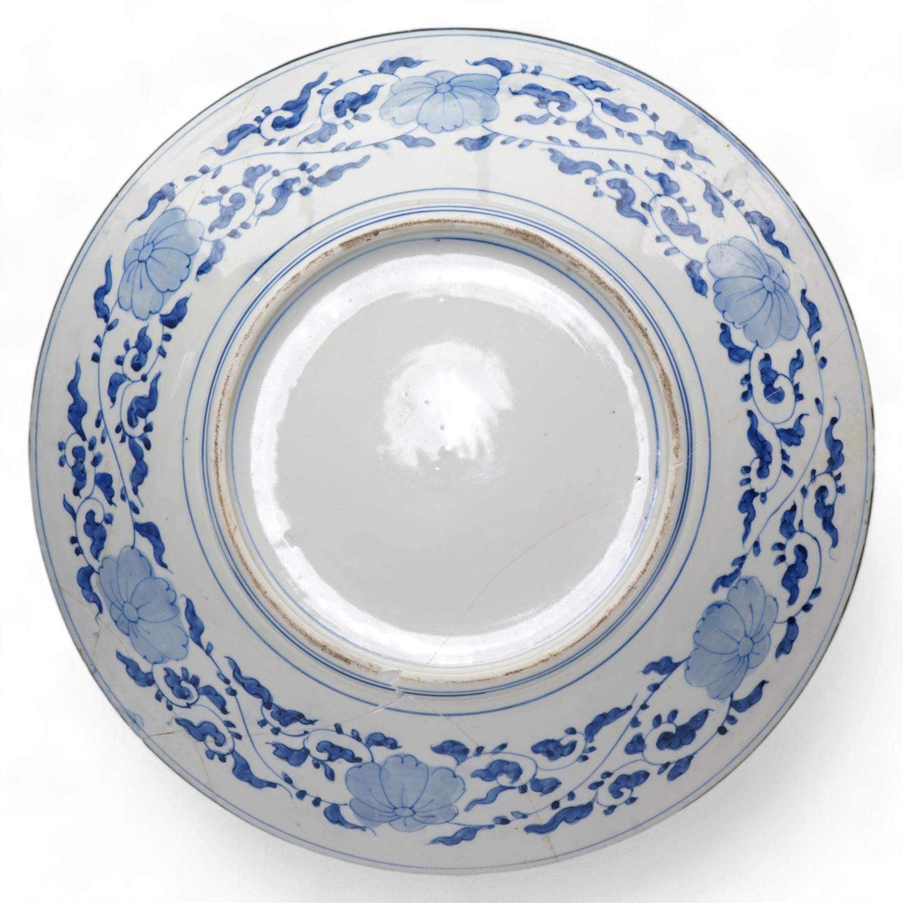 Late 19th/early 20th century Japanese imari charger, decorated with panels of mountains and bamboo, D46cm, and a large imari pattern stick stand, H48cm (2)