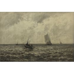 Lester Sutcliffe (British 1848-1933): Fishing Boats in Open Waters, charcoal and monochrome wash signed, provenance verso 54cm x 78cm