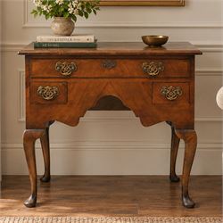 Early 20th century walnut lowboy in Queen Anne style, rectangular crossbanded top over sin...