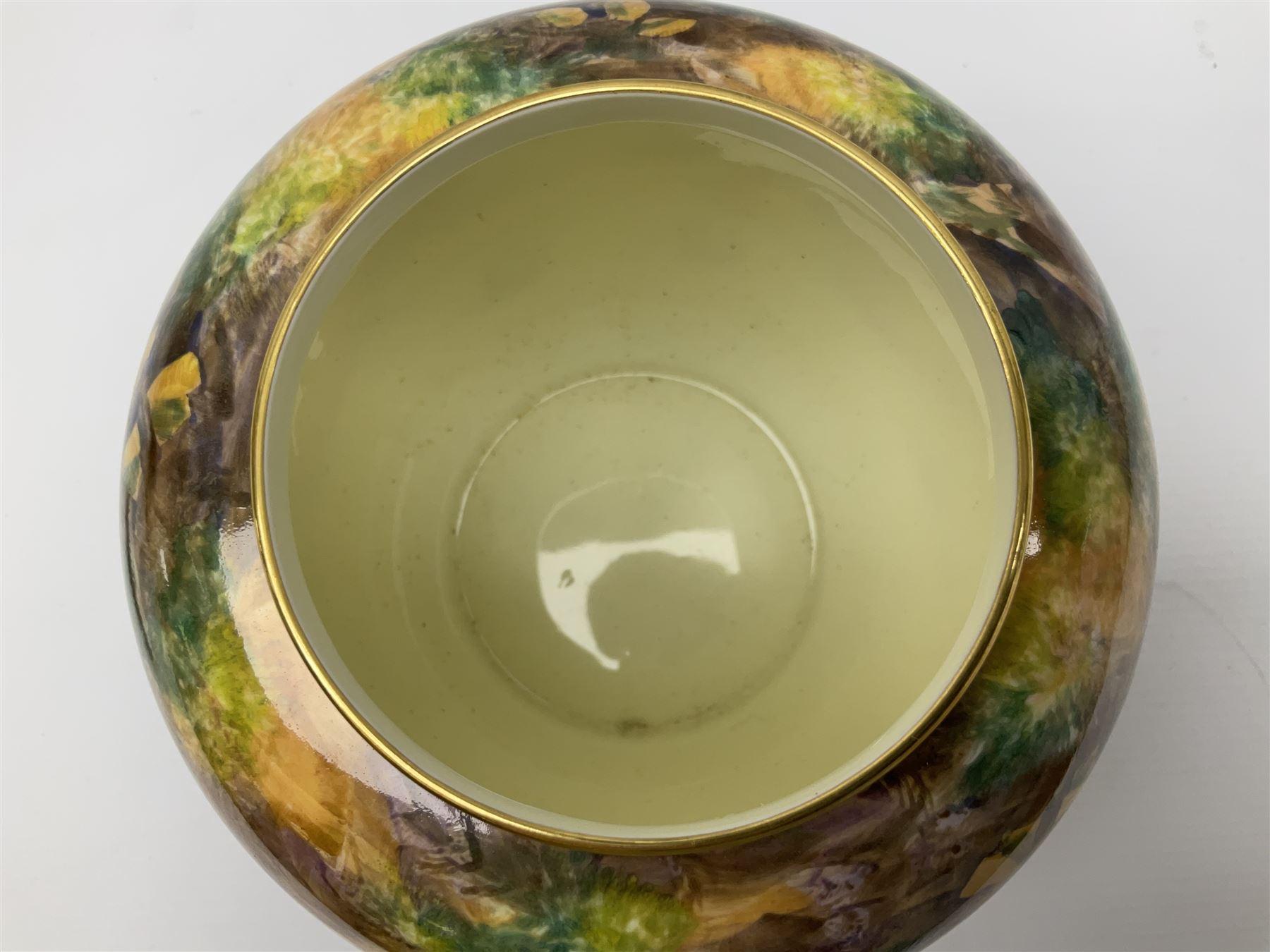 Mid/late 20th century Royal Worcester ginger jar and cover decorated by R Lewis, hand painted with a still life of fruit upon a mossy ground, signed R Lewis, with black printed mark beneath and painted shape number 2826, H17.5cm