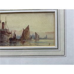Frederick James Aldridge (British 1850-1933): Ships Moored at Sunset, watercolour signed with monogram 7cm x 17cm