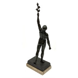 A bronzed spelter figure, modelled as an Olympian, raised upon a rectangular base, overall H41cm. 