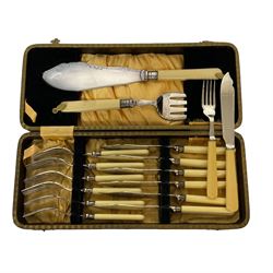 Cased silver plated fish knives and forks, the collars stamped sterling silver