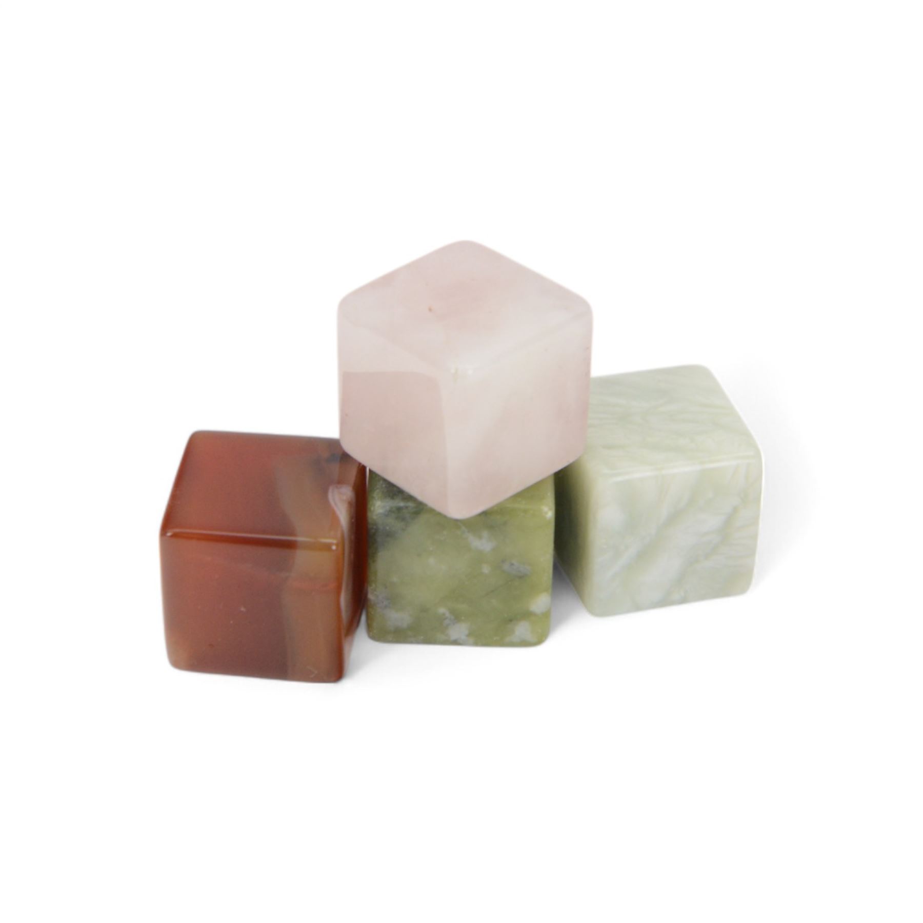 Fifteen cube mineral specimens, each cut and polished to highlight natural formations, including tiger eye, black obsidian, green aventurine, rose quartz, opalite, rhodonite etc, H2cm