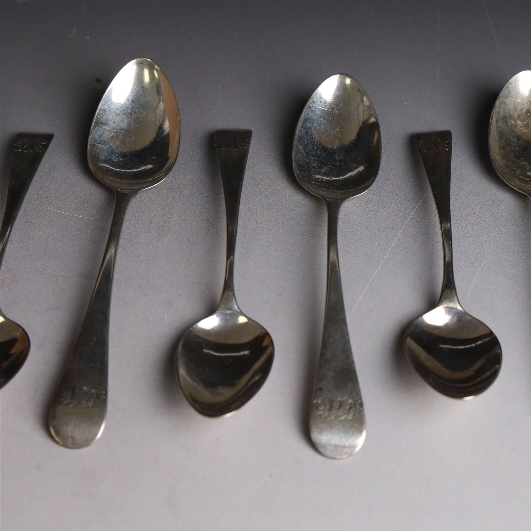 Set of six William IV silver teaspoons, engraved with monogram to terminal, hallmarked William Bateman I, London 1824, together with a set of five George III silver teaspoons, engraved with initials, hallmarked Peter & William Bateman, London 1806