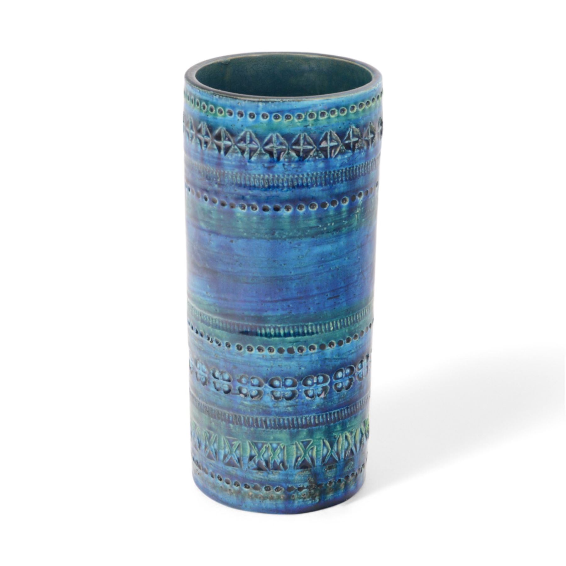 Bitossi pottery Rimini Blu vase, 1970s, designed by Aldo Londi, of cylindrical form, with impressed details, with painted marks beneath, H18cm